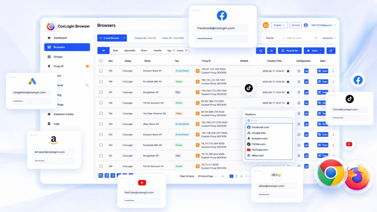 CosLogin Browser dashboard interface